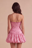 Sparkly Pink Strapless Bubble Ruched Sequins Mini Cocktail Dress