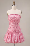 Sparkly Pink Strapless Bubble Ruched Sequins Mini Cocktail Dress