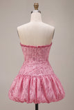 Sparkly Pink Strapless Bubble Ruched Sequins Mini Cocktail Dress