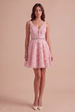 Sparkly Pink A-Line V-Neck Floral Short Cocktail Dress with Beading