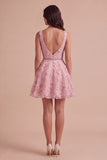 Sparkly Pink A-Line V-Neck Floral Short Cocktail Dress with Beading