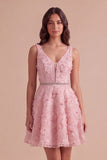 Sparkly Pink A-Line V-Neck Floral Short Cocktail Dress with Beading