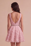 Sparkly Pink A-Line V-Neck Floral Short Cocktail Dress with Beading