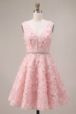 Sparkly Pink A-Line V-Neck Floral Short Cocktail Dress with Beading