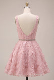 Sparkly Pink A-Line V-Neck Floral Short Cocktail Dress with Beading