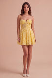 Yellow Floral A-Line Spaghetti Straps Mini Cocktail Dress with Pearls