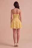 Yellow Floral A-Line Spaghetti Straps Mini Cocktail Dress with Pearls