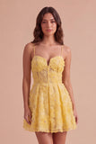 Yellow Floral A-Line Spaghetti Straps Mini Cocktail Dress with Pearls