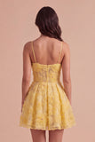 Yellow Floral A-Line Spaghetti Straps Mini Cocktail Dress with Pearls
