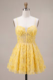 Yellow Floral A-Line Spaghetti Straps Mini Cocktail Dress with Pearls