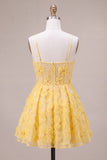 Yellow Floral A-Line Spaghetti Straps Mini Cocktail Dress with Pearls