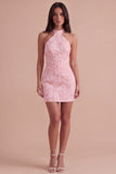 Pink Jacquard Floral Corset Bodycon Halter Short Cocktail Dress