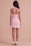 Pink Jacquard Floral Corset Bodycon Halter Short Cocktail Dress