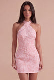 Pink Jacquard Floral Corset Bodycon Halter Short Cocktail Dress