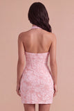Pink Jacquard Floral Corset Bodycon Halter Short Cocktail Dress
