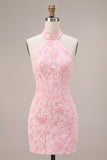 Pink Jacquard Floral Corset Bodycon Halter Short Cocktail Dress