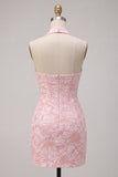 Pink Jacquard Floral Corset Bodycon Halter Short Cocktail Dress