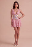 Pink Floral V-Neck Ruffled Mini Cocktail Dress with Sequins