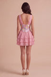 Pink Floral V-Neck Ruffled Mini Cocktail Dress with Sequins