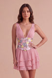 Pink Floral V-Neck Ruffled Mini Cocktail Dress with Sequins