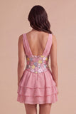 Pink Floral V-Neck Ruffled Mini Cocktail Dress with Sequins
