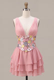 Pink Floral V-Neck Ruffled Mini Cocktail Dress with Sequins