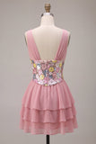 Pink Floral V-Neck Ruffled Mini Cocktail Dress with Sequins