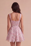 Lilac A-Line Square Neck Floral Short Cocktail Dress with Pearls