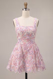 Lilac A-Line Square Neck Floral Short Cocktail Dress with Pearls