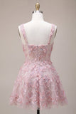 Lilac A-Line Square Neck Floral Short Cocktail Dress with Pearls