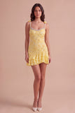 Sparkly Yellow Bodycon Ruffled Short Cocktail Dress with Pearls