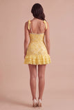 Sparkly Yellow Bodycon Ruffled Short Cocktail Dress with Pearls