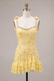 Sparkly Yellow Bodycon Ruffled Short Cocktail Dress with Pearls
