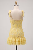 Sparkly Yellow Bodycon Ruffled Short Cocktail Dress with Pearls