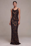 Black Floral Spaghetti Straps Mermaid Long Formal Dress