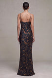 Black Floral Spaghetti Straps Mermaid Long Formal Dress