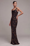Black Floral Spaghetti Straps Mermaid Long Formal Dress