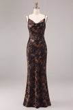 Black Floral Spaghetti Straps Mermaid Long Formal Dress