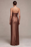 Coffee Strapless Ruched Mermaid Long Formal Dress with Slit