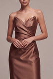Coffee Strapless Ruched Mermaid Long Formal Dress with Slit