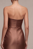 Coffee Strapless Ruched Mermaid Long Formal Dress with Slit