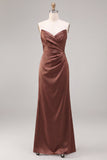Coffee Strapless Ruched Mermaid Long Formal Dress with Slit