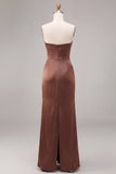 Coffee Strapless Ruched Mermaid Long Formal Dress with Slit