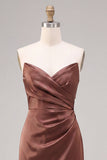 Coffee Strapless Ruched Mermaid Long Formal Dress with Slit