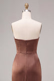 Coffee Strapless Ruched Mermaid Long Formal Dress with Slit