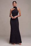 Black Halter Mermaid Lace Keyhole Long Formal Dress