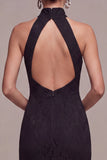 Black Halter Mermaid Lace Keyhole Long Formal Dress