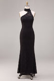 Black Halter Mermaid Lace Keyhole Long Formal Dress