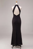Black Halter Mermaid Lace Keyhole Long Formal Dress