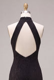 Black Halter Mermaid Lace Keyhole Long Formal Dress